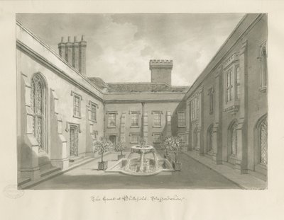 Blithfield Hall - Courtyard: sepia ritning av John Buckler
