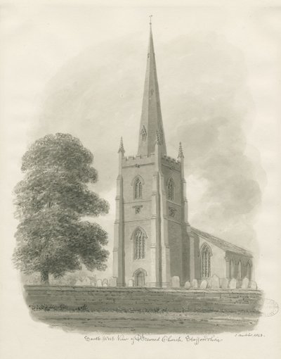 Brewood Church: sepiateckning, 1843 av John Buckler