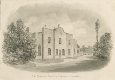 Brewood Grammar School: sepiateckning, nd [c 1842] (teckning) av John Buckler