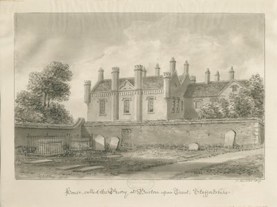 Burton-upon-Trent - Priory House: sepiateckning av John Buckler