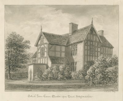 Burton-upon-Trent: Ordish Farm House: sepiateckning, 1839 av John Buckler