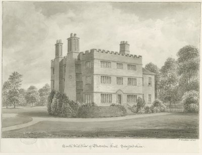 Butterton Hall: sepiateckning, 1844 av John Buckler