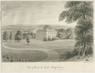 Cheddleton - Ashcombe Hall: sepiateckning, 1844 av John Buckler
