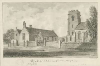 Cheddleton - "Rock" Chapel and School: sepiateckning av John Buckler