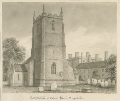 Elford Church: sepiateckning, 1838 av John Buckler