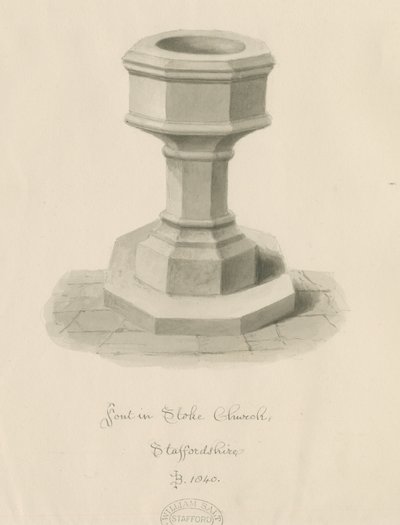 Font Stoke-upon-Trent Church: sepiateckning av John Buckler