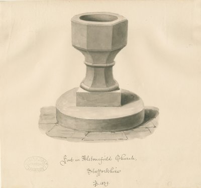 Typsnitt i Alstonfield Church: sepiateckning av John Buckler
