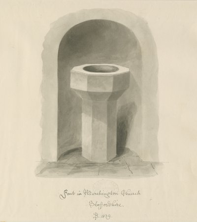 Typsnitt i Marchington Church: sepiatvättteckning av John Buckler