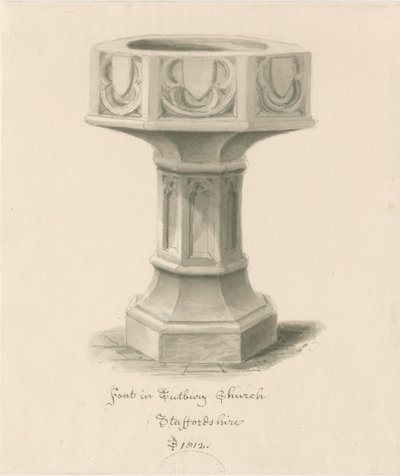 Typsnitt i Tutbury Priory Church: sepiatvättteckning av John Buckler