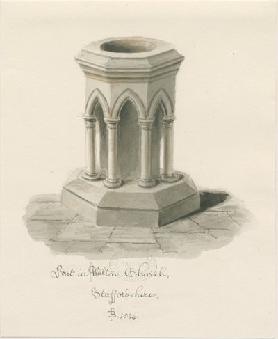 Typsnitt i Walton-on-the-Hill Church: sepiatvättteckning av John Buckler