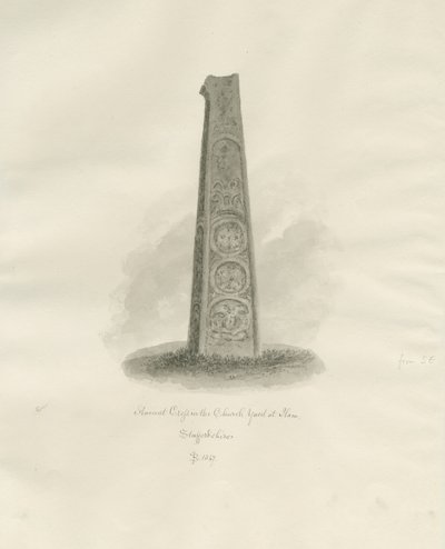 Ilam-kyrkan - antikt kors: sepiateckning, 1847 av John Buckler