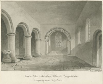 Armitagekyrkans interiör: sepiateckning, 6 juli 1844 av John Buckler
