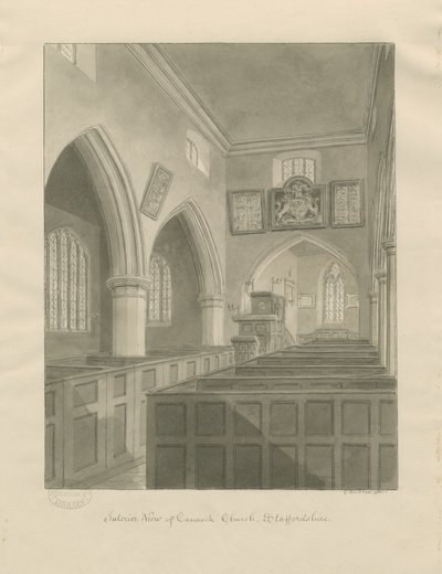Interiör av Cannock Church: sepiateckning av John Buckler