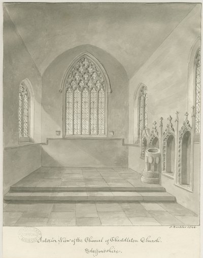 Interiör av Cheddleton Church: sepiateckning av John Buckler