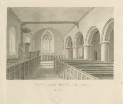 Interiör av High Offley Church: sepiateckning av John Buckler