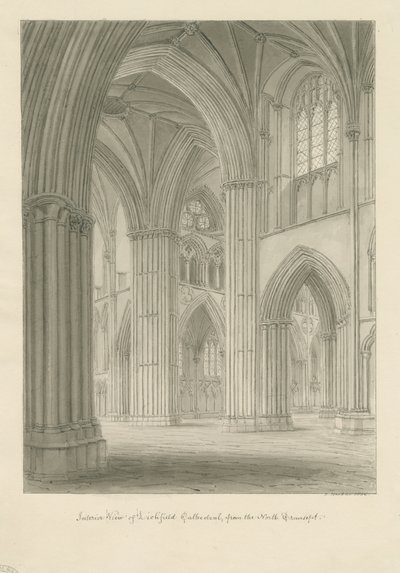 Interiör av Lichfield Cathedral - Korsning från norra tvärskeppet: sepiateckning av John Buckler