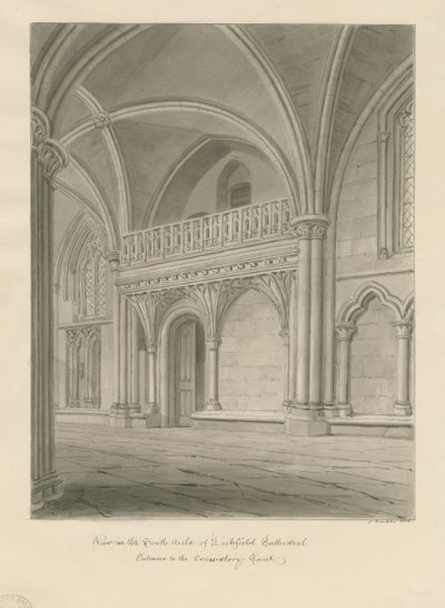 Interiör av Lichfield Cathedral - Entré till Consistory Court: sepiateckning av John Buckler