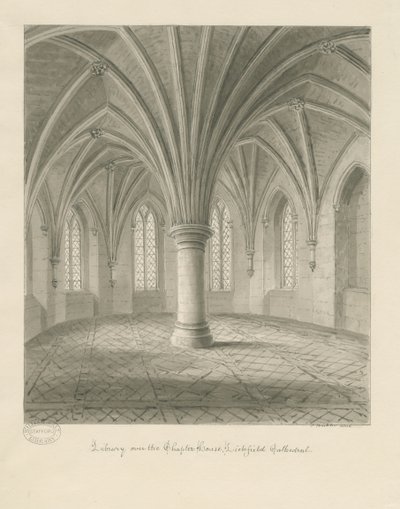 Interiör av Lichfield Cathedral - Bibliotek ovanför Chapter House: sepiateckning av John Buckler