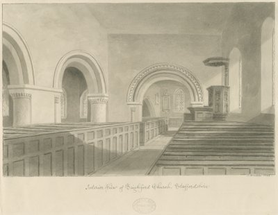 Interiör av Seighford Church: sepiateckning av John Buckler