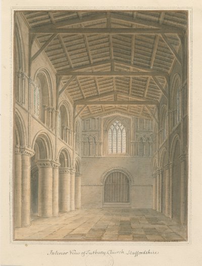 Interiör av Tutbury Priory Church: akvarellmålning av John Buckler