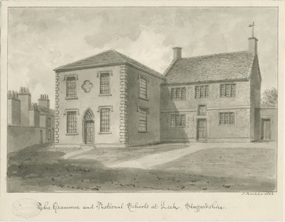 Leek Town - Grammar School: sepiateckning, 1844 av John Buckler