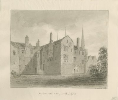 Lichfield - Old House in The Close: sepiateckning av John Buckler