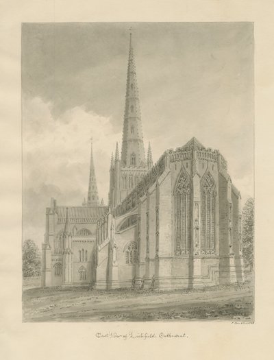 Lichfield Cathedral - East View: sepiateckning, 1838 av John Buckler