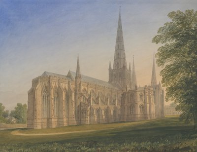 Lichfield Cathedral - North East View: akvarellmålning, nd [1770-1851] av John Buckler