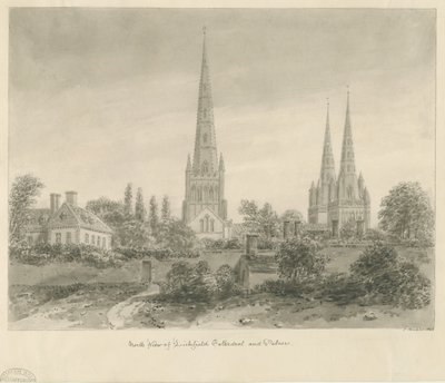 Lichfield Cathedral - North View: sepiateckning, 1838 av John Buckler