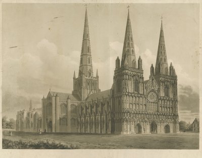 Lichfield Cathedral - North West View: akvatintgravyr, nd [1807] av John Buckler