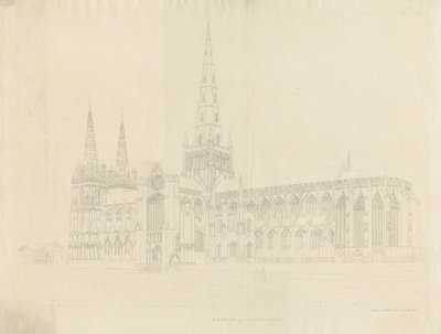 Lichfield Cathedral - South East View: konturetsning, nd [1808] av John Buckler