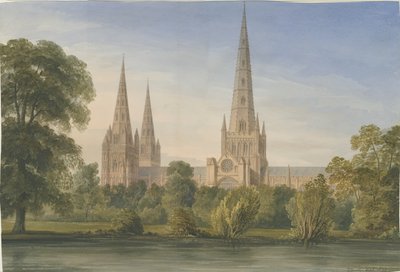 Lichfield Cathedral - South South East View: akvarellmålning, 1842 av John Buckler