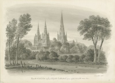 Lichfield Cathedral - South West View: sepiateckning av John Buckler