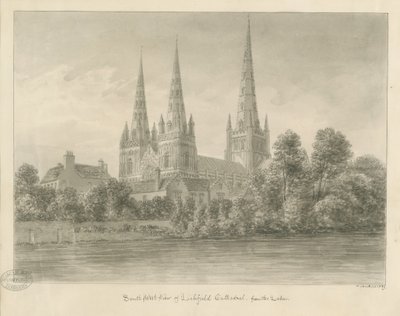 Lichfield Cathedral - South West View: sepiateckning av John Buckler