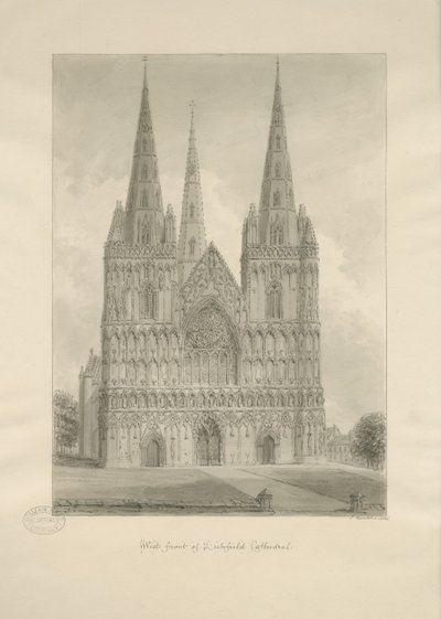 Lichfield Cathedral - West Front: sepiateckning, 1806 av John Buckler