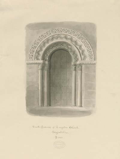 Longdon Church - South Doorway: sepiateckning av John Buckler