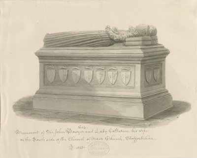 Maer Church - Monument till Sir John Bowyer och Lady Catherine: sepiatvättteckning, 1843 av John Buckler