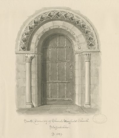 Mayfield Church - South Doorway: sepiatvättteckning, 1839 av John Buckler