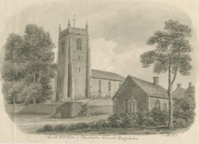 Mucklestone Church: sepiatvättteckning av John Buckler