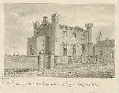 Newcastle-under-Lyme - Grammar School: sepiatvättteckning, 1840 av John Buckler