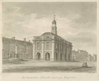 Newcastle-under-Lyme - Market Square: sepiatvättteckning, 1840 av John Buckler