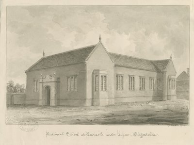 Newcastle-under-Lyme - National School: sepiatvättteckning av John Buckler