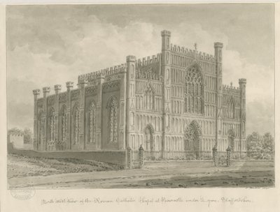 Newcastle-under-Lyme - Romersk-katolska kapellet: sepiatvättteckning, 1840 av John Buckler