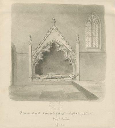 Norbury Church - Monument till Ralph le Boteler: sepiatvättteckning, 1843 av John Buckler