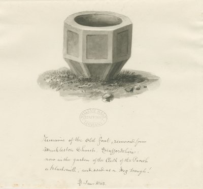 Gammal typsnitt från Mucklestone Church: sepiatvättteckning, juni 1843 (ritning) av John Buckler