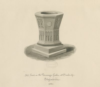 Penkridge - Font in Parsonage Garden: sepiateckning av John Buckler
