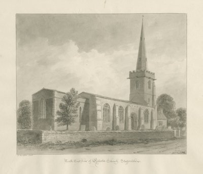 Rolleston Church: sepiateckning, 1848 av John Buckler
