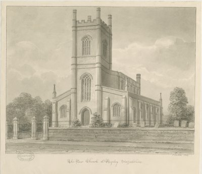 Rugeley Church (ny): sepiatvättteckning av John Buckler