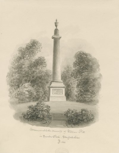 Sandon - Monument till William Pitt: sepiatvättteckning av John Buckler