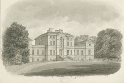 Sandon Hall: sepiateckning (vinjeterad) av John Buckler